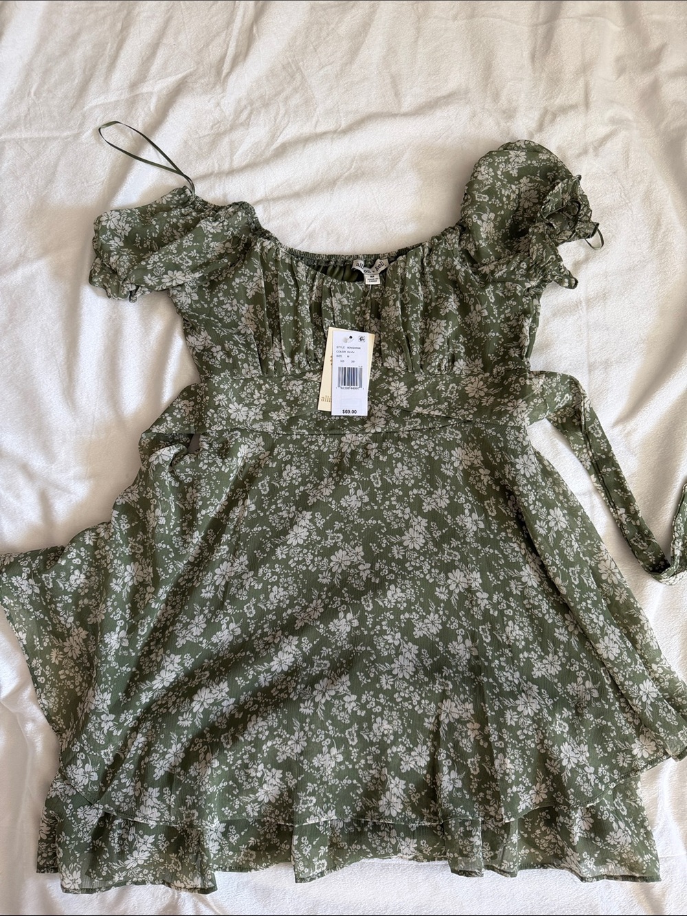 Green Floral Puff-Sleeve Wrap Dress for Kids